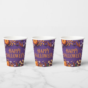 ハロウィンおめでとう パープルのフラットレイグリーティング 紙コップ
