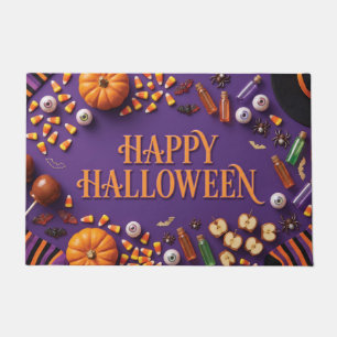 ハロウィンおめでとう パープルのフラットレイ ドアマット