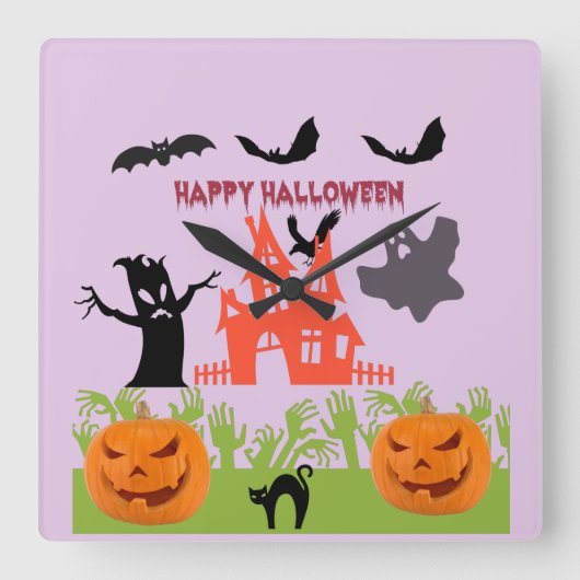 ハロウィンおめでとう メナシングツリーバーキング、コウモリ スクエア壁時計 (正面)