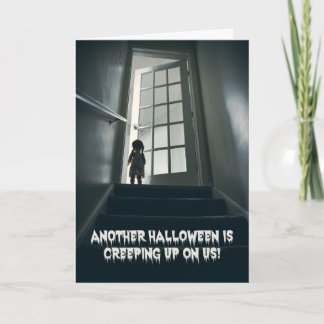 ハロウィンおめでとう 怖い人形の階段 シーズンカード