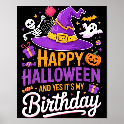 ハロウィンおめでとう&私の誕生日です 魔女の帽子 ポスター (正面)