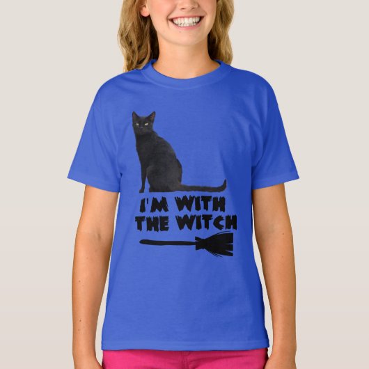 ハロウィンおもしろいの魔女を連れた黒猫 Tシャツ (正面)