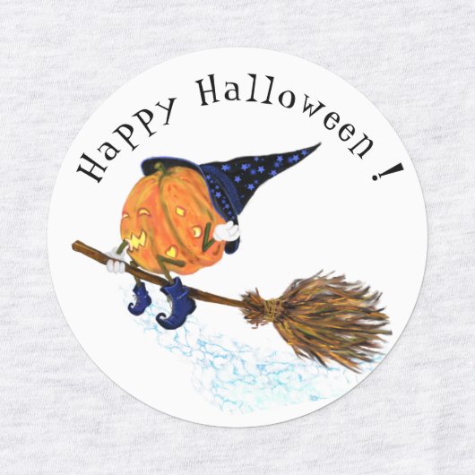 ハロウィンおもしろいウィッチカボチャ付きラベル飛んでいる ラベル (デザイン3)