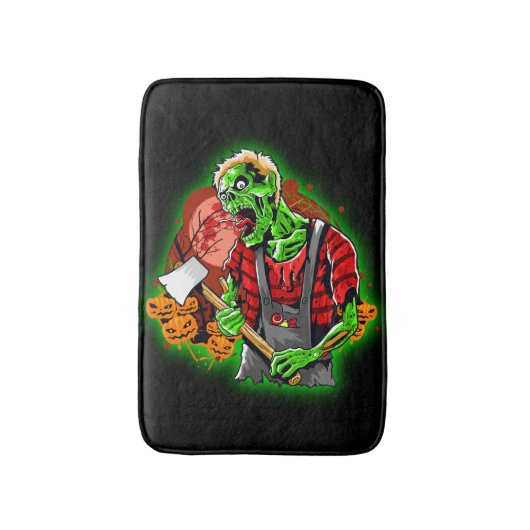 ハロウィンおもしろいグリーンゾンビアクス バスマット (正面縦)