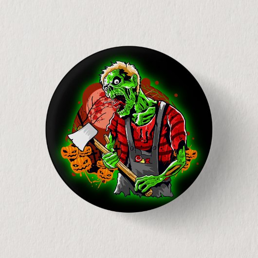 ハロウィンおもしろいグリーンゾンビアクス 缶バッジ (正面)