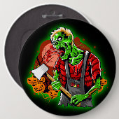 ハロウィンおもしろいグリーンゾンビAXボタン 缶バッジ (正面&裏面)