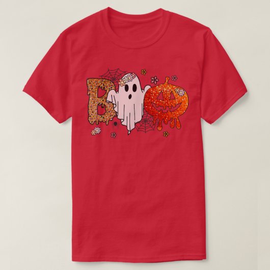 ハロウィンおもしろいコ用幽霊とカボチャ付きブー Tシャツ (デザイン正面)