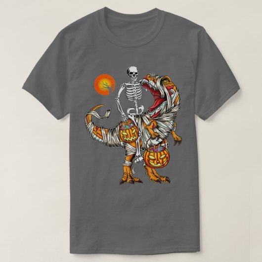 ハロウィンおもしろいスケルトン乗馬ミイラ恐竜T R Tシャツ (デザイン正面)