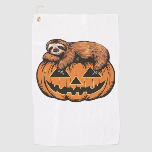 ハロウィンおもしろいパンプキンエッセンシャルTシャツのスロース ゴルフタオル (正面)
