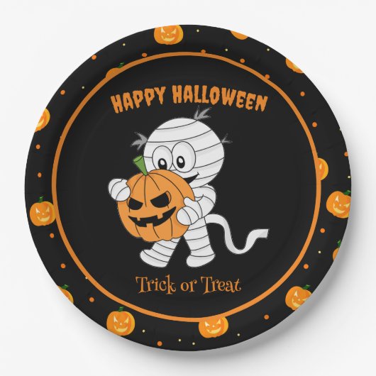 ハロウィンおもしろいパンプキンパーティー付きミイラ歩く ペーパープレート (正面)