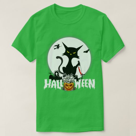 ハロウィンおもしろい怖い猫かぼちゃのムーンナイト Tシャツ (デザイン正面)
