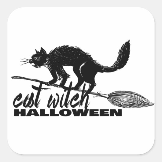 ハロウィンおもしろい猫の魔女オンブロムスティック スクエアシール (正面)