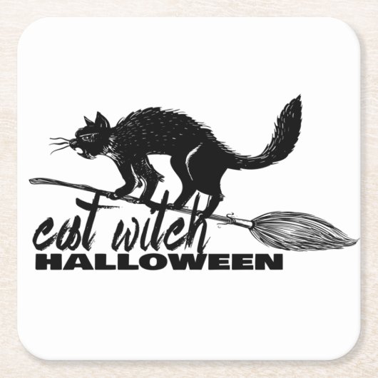 ハロウィンおもしろい猫の魔女オンブロムスティック スクエアペーパーコースター (正面)