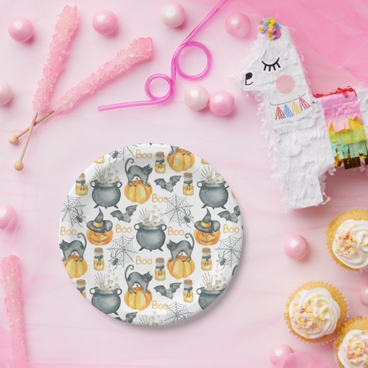 ハロウィンお洒落のカルドロンと猫柄 ペーパープレート (パーティー)