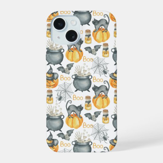 ハロウィンお洒落のカルドロンと猫柄 iPhone 15ケース (裏面)