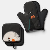 ハロウィンお洒落の魔女とカボチャ 鍋つかみ&鍋敷きセット (正面/裏面)