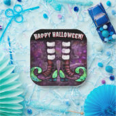 ハロウィンお洒落ウィッチブーツパープルグリーン ペーパープレート (パーティー)