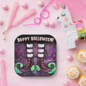 ハロウィンお洒落ウィッチブーツパープルグリーン ペーパープレート (パーティー)