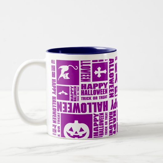 ハロウィンお洒落クールタイポグラフィパターン紫 ツートーンマグカップ (左)