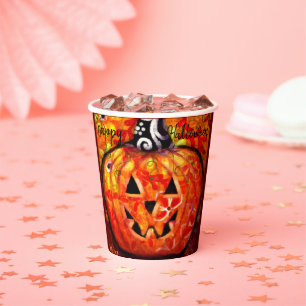 ハロウィンお洒落ジャック – O – ランタン抽象芸術オレンジ 紙コップ