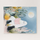 ハロウィンお洒落本の恋人幽霊黒猫 ジグソーパズル (横)