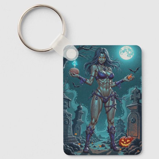 ハロウィンお菓子くれなきゃ、ゾンビ彼女の脳みそを食わせるわよ キーホルダー (正面)