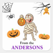 ハロウィンお菓子タグ かわいいミイラの少年ステッカー スクエアシール (正面)