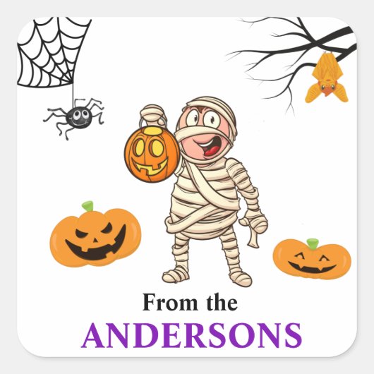 ハロウィンお菓子タグ かわいいミイラの少年ステッカー スクエアシール (正面)