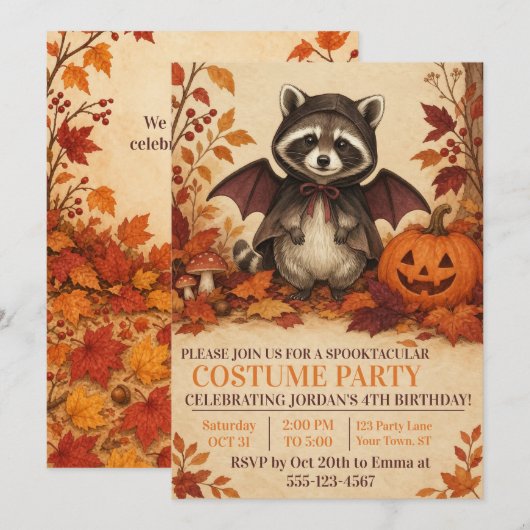 ハロウィンお誕生日パーティーのアライグマコウモリコスチューム 招待状 (正面/裏面)