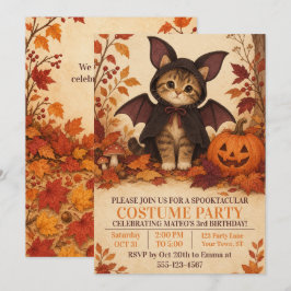 ハロウィンお誕生日会のかわいい子猫コウモリコスチューム 招待状