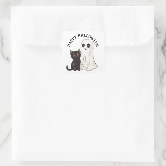 ハロウィンかわいい幽霊と黒猫 スクエアシール (バッグ)