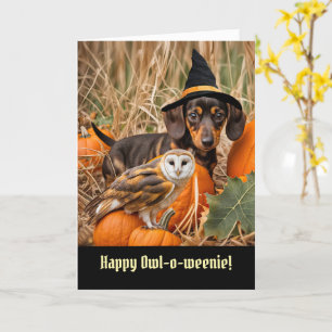 ハロウィンかわいおもしろいとフクロウとダシュントの子犬 カード