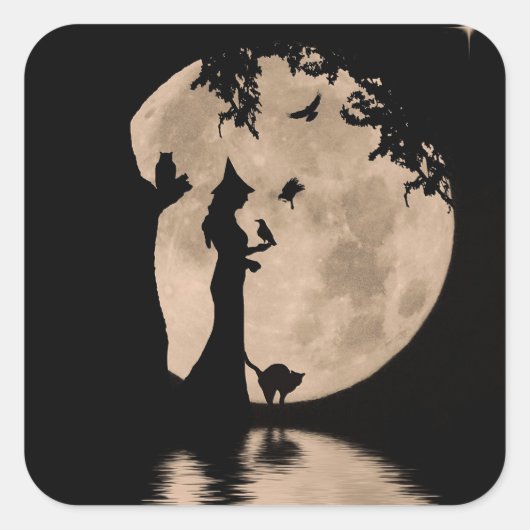 ハロウィンかわいらしの魔女と家族猫フクロウレイブン スクエアシール (正面)