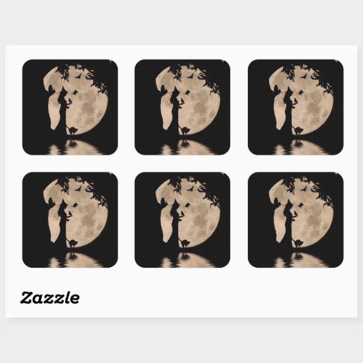 ハロウィンかわいらしの魔女と家族猫フクロウレイブン スクエアシール (シート)