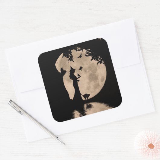 ハロウィンかわいらしの魔女と家族猫フクロウレイブン スクエアシール (封筒)