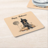 ハロウィンかわいらしの魔女と満月バルーン スクエアペーパーコースター (アングル)