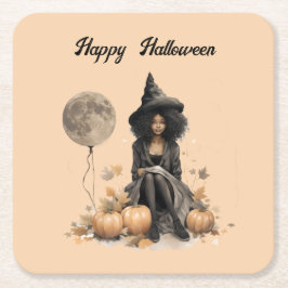 ハロウィンかわいらしの魔女と満月バルーン スクエアペーパーコースター