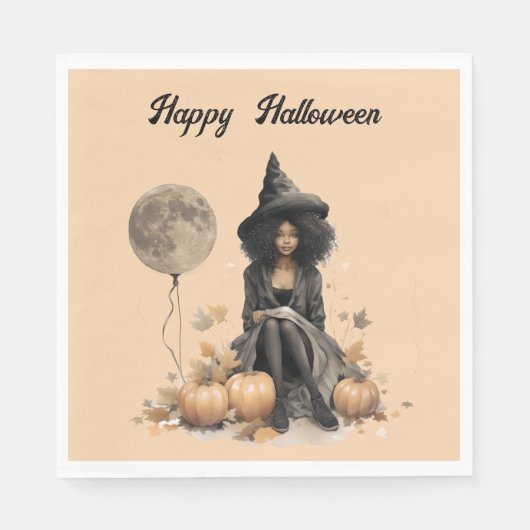 ハロウィンかわいらしの魔女と満月バルーン スタンダードランチョンナプキン (正面)