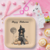 ハロウィンかわいらしの魔女と満月バルーン ペーパープレート (パーティー)