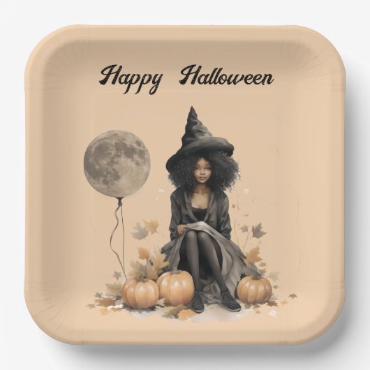 ハロウィンかわいらしの魔女と満月バルーン ペーパープレート (正面)