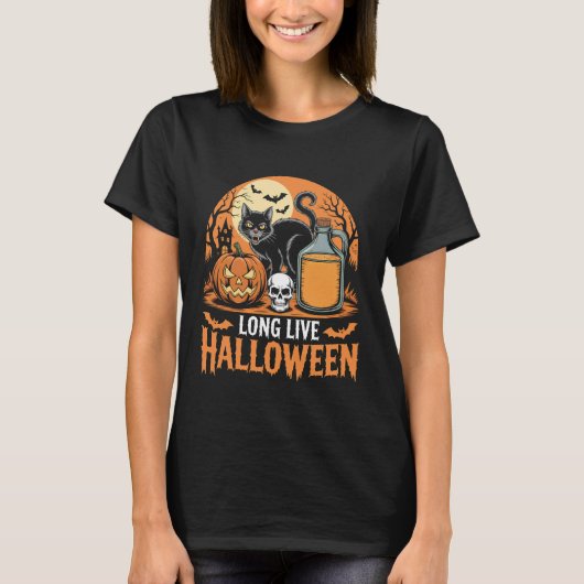 ハロウィンが永遠に続くように 面白いカボチャ ハロウィン 猫 Tシャツ (正面)