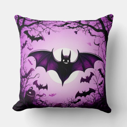 ハロウィンこうもり飛んでいるオーバームーンライトスカイ クッション (正面)