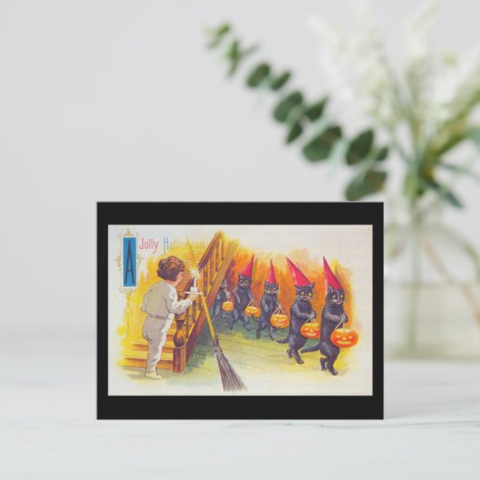 ハロウィンすてきの黒猫とカボチャヴィンテージ ポストカード (スタンド正面)