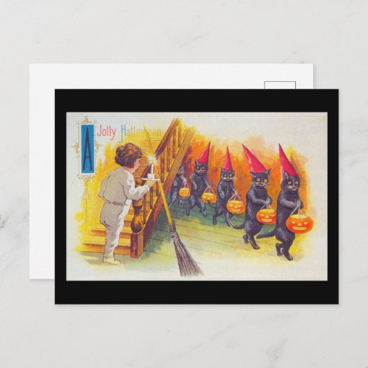 ハロウィンすてきの黒猫とカボチャヴィンテージ ポストカード (正面/裏面)