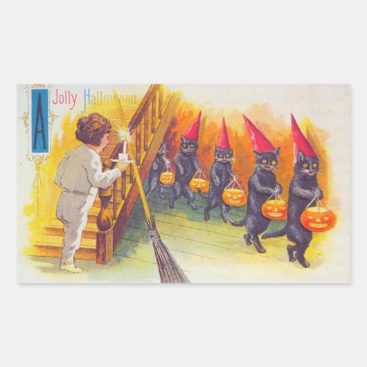 ハロウィンすてきの黒猫とカボチャヴィンテージ 長方形シール (正面)