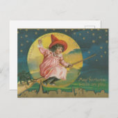 ハロウィンすてきピンクウィッチオンブルームヴィンテージ ポストカード (正面/裏面)