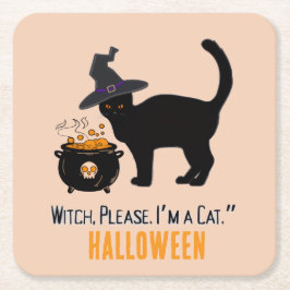ハロウィンで魔女の帽子をかぶったワイヤードキャット（編集可能） スクエアペーパーコースター