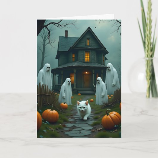 ハロウィンと白い子猫 カード (正面)