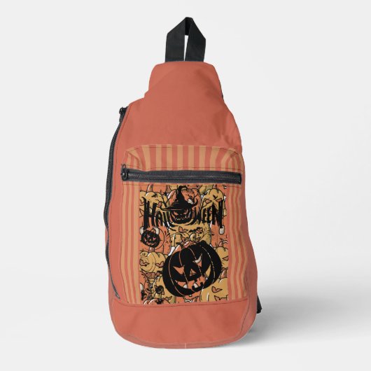 ハロウィンと黒いカボチャのプリント・カットソー巾着 スリングバッグ (正面)