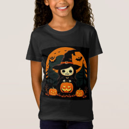 ハロウィンにかぼちゃを持つかわいい不気味魔女 Tシャツ